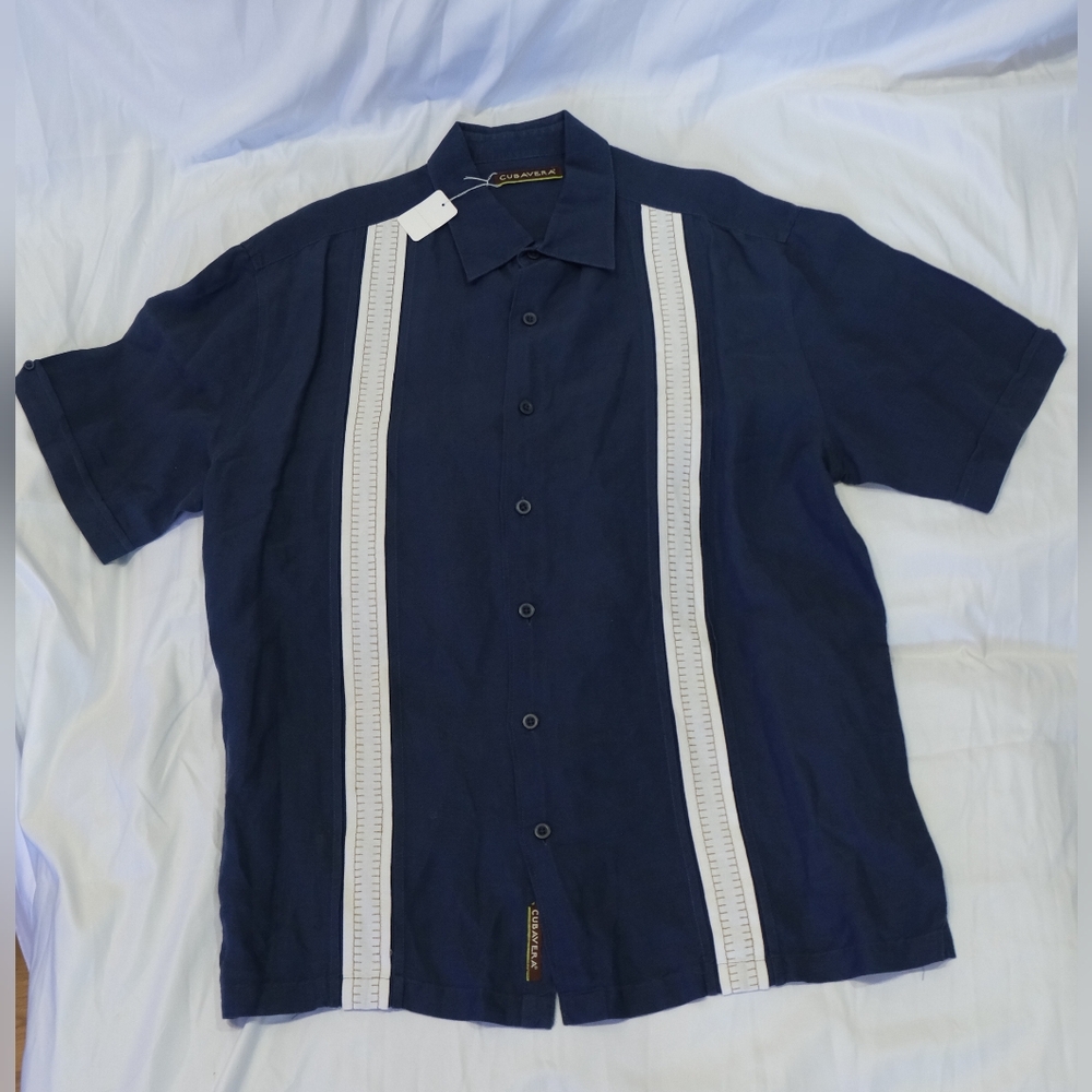 Cubavera Men's Casual Button-Down Shirt, Navy with White Stripes